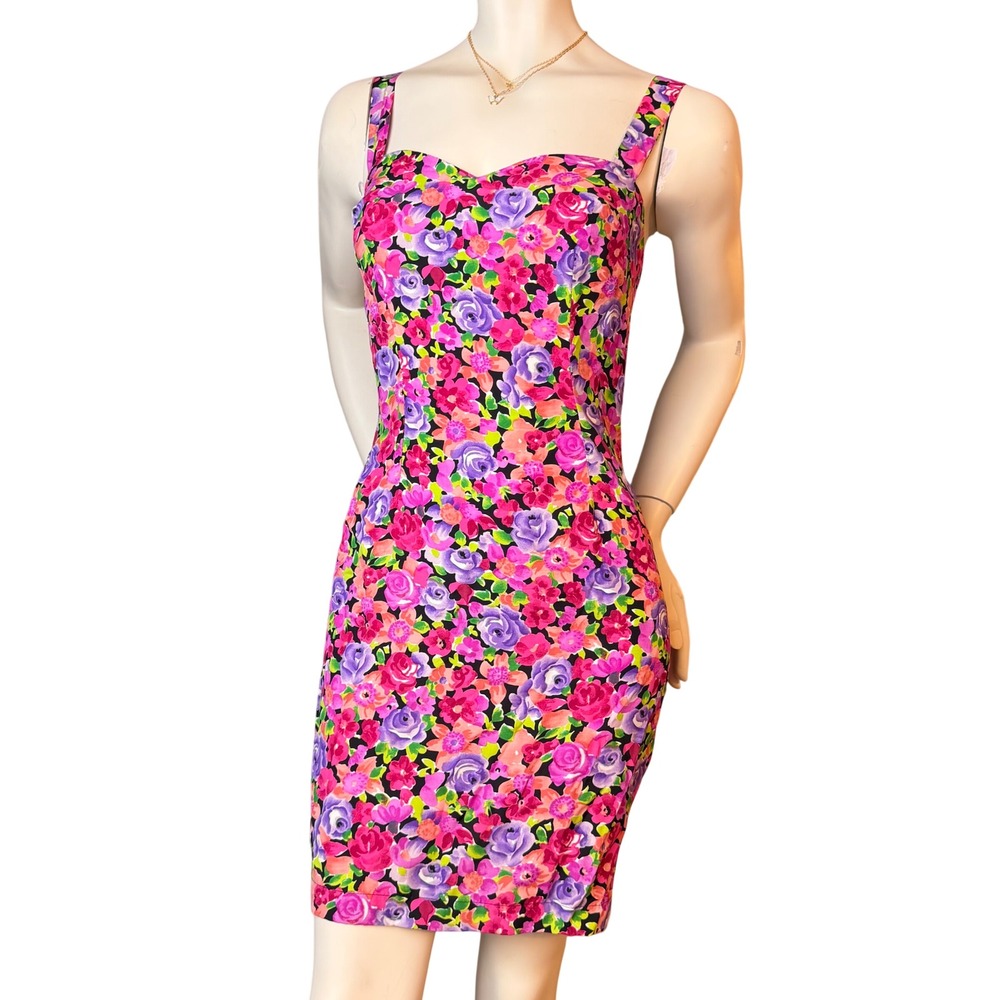 Paris Blues Vintage 90s Floral Bodycon Mini Dress Pink Purple Y2K Coquette Sz 5